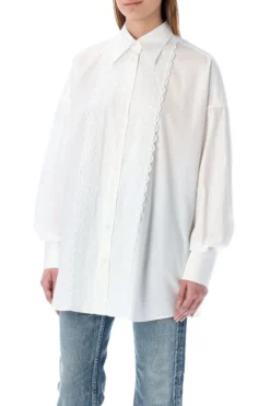 ( New Season ) Dolce & Gabbana Lace Trim Long-Sleeved Shirt - White