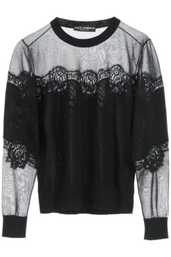 ( New Season ) Dolce & Gabbana Lace Trim Crewneck Knit Jumper - Black