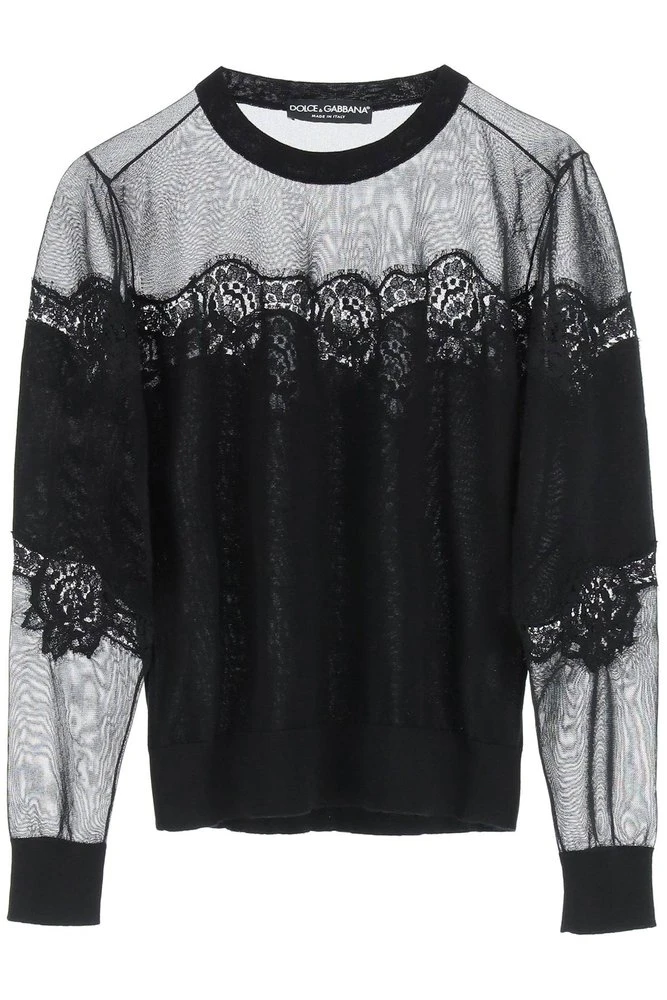 ( New Season ) Dolce & Gabbana Lace Trim Crewneck Knit Jumper - Black 1 ( New Season ) Dolce & Gabbana Lace Trim Crewneck Knit Jumper - Black