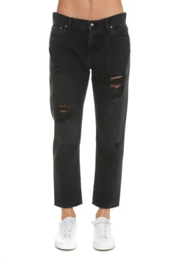 ( New Season ) Dolce & Gabbana Distressed Straight Leg Jeans - Black