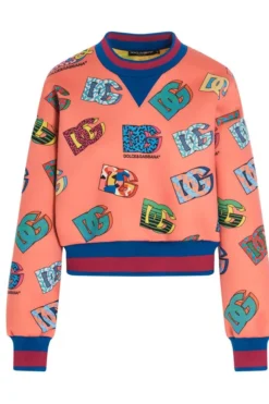( New Season ) Dolce & Gabbana DG Logo Printed Cropped Jersey Sweatshirt - Multi