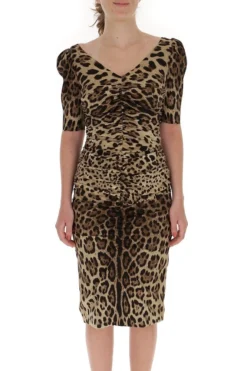 Dolce & Gabbana Leopard Print Ruched Midi Dress - Multi