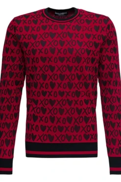 ( New Season ) Dolce & Gabbana Jacquard Hearts Printed Knit Jumper - Red
