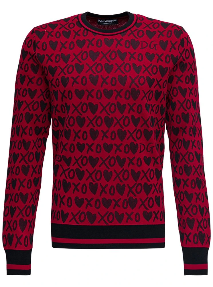 ( New Season ) Dolce & Gabbana Jacquard Hearts Printed Knit Jumper - Red 1 ( New Season ) Dolce & Gabbana Jacquard Hearts Printed Knit Jumper - Red