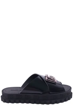( New Season ) Dolce & Gabbana Logo Plaque Crossover Slides - Black