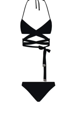 ( New Season ) Dolce & Gabbana Logo Plaque Crossover Strap Tie Bikini - Black