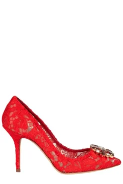 ( New Season ) Dolce & Gabbana Bellucci Embellished Lace Stilettos - Red