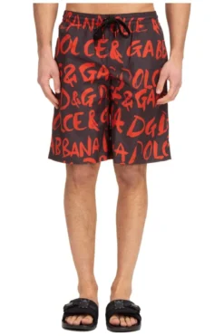 ( New Season ) Dolce & Gabbana Logo Printed Drawstring Swim Trunks - Multi