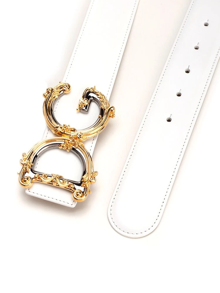 ( New Season ) Dolce & Gabbana Baroque Logo Plaque Buckle Belt - White 2 ( New Season ) Dolce & Gabbana Baroque Logo Plaque Buckle Belt - White - Image 2