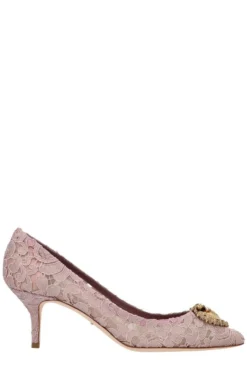 ( New Season ) Dolce & Gabbana Lace Detailed Pointed-Toe Pumps - Pink