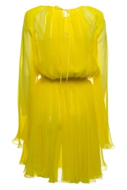 ( New Season ) Dolce & Gabbana Ruched Chiffon Mini Dress - Yellow