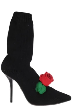 Dolce & Gabbana Knitted Rose Embellished Ankle Boots - Black