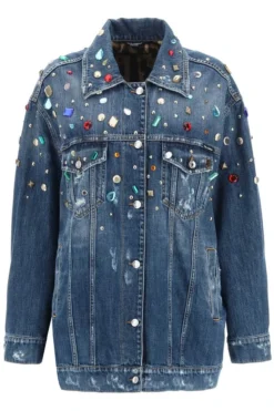 ( New Season ) Dolce & Gabbana Embellished Long-Sleeved Denim Jacket - Blue