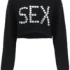 ( New Season ) Dolce & Gabbana Slogan Studded Cropped Sweater - Black