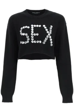 ( New Season ) Dolce & Gabbana Slogan Studded Cropped Sweater - Black