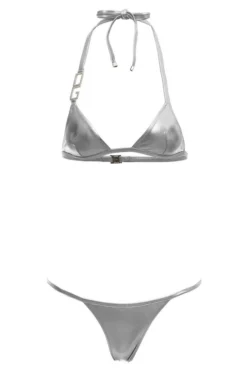 ( New Season ) Dolce & Gabbana Logo Plaque Halterneck Bikini Set - Silver