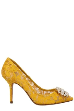 ( New Season ) Dolce & Gabbana Taormina Lace Embellished Pumps - Yellow