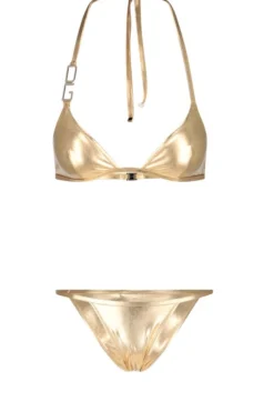 ( New Season ) Dolce & Gabbana Logo Plaque Halterneck Bikini Set - Gold