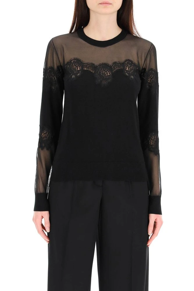 ( New Season ) Dolce & Gabbana Lace Trim Crewneck Knit Jumper - Black 2 ( New Season ) Dolce & Gabbana Lace Trim Crewneck Knit Jumper - Black - Image 2