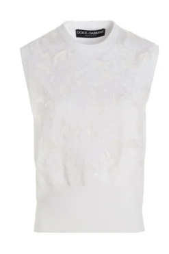 ( New Season ) Dolce & Gabbana Crewneck Lace Detailed Top - White