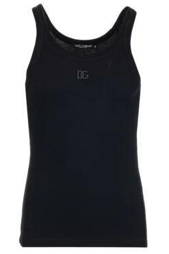 ( New Season ) Dolce & Gabbana Logo Plaque Ribbed Tank Top - Black