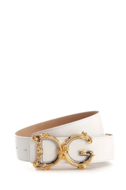 ( New Season ) Dolce & Gabbana Baroque Logo Plaque Buckle Belt - White