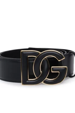 ( New Season ) Dolce & Gabbana DG Logo Plaque Buckle Belt - Black