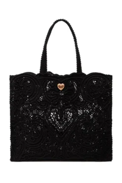 ( New Season ) Dolce & Gabbana Logo Plaque Lace Large Tote Bag - Black