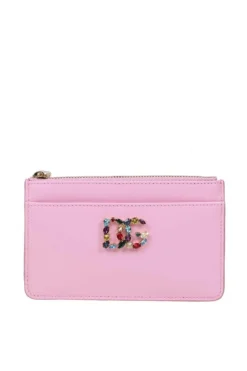( New Season ) Dolce & Gabbana Logo Embellished Zipped Card Holder - Pink