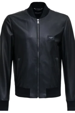 ( New Season ) Dolce & Gabbana Leather Bomber Jacket - Black