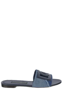( New Season ) Dolce & Gabbana Logo Patch Slip-On Sandals - Blue