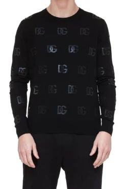 ( New Season ) Dolce & Gabbana Allover Logo Crewneck Sweater - Black