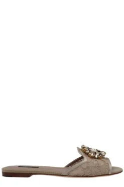 ( New Season ) Dolce & Gabbana Embellished Slip-On Sandals - Beige