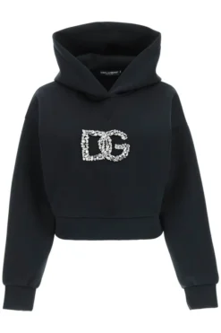 ( New Season ) Dolce & Gabbana Embellished Cropped Hoodie - Black