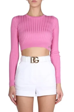 ( New Season ) Dolce & Gabbana Round Neck Cropped Sweater - Pink