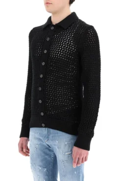 ( New Season ) Dolce & Gabbana Mesh-Stitch Polo-Style Sweater - Black -Cheap Vestureo Store 6303038e8d079b240230b2051d2f314b