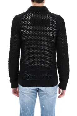 ( New Season ) Dolce & Gabbana Mesh-Stitch Polo-Style Sweater - Black -Cheap Vestureo Store 643407a9a049a075fd42ed25964cf615