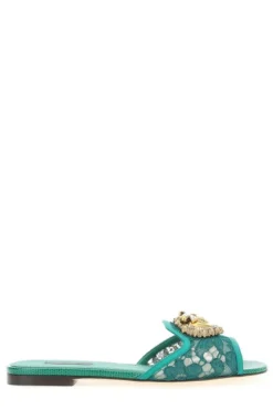 ( New Season ) Dolce & Gabbana Brooch Embellished Laced Slides - Green