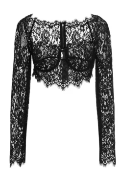 ( New Season ) Dolce & Gabbana Long-Sleeved Cropped Lace Blouse - Black