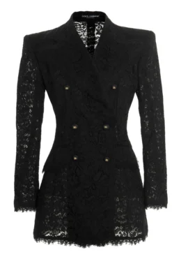 ( New Season ) Dolce & Gabbana Lace Embroidered Double-Breasted Blazer - Black