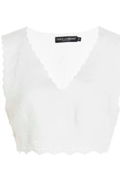 ( New Season ) Dolce & Gabbana Broderie Anglaise V-Neck Cropped Top - White