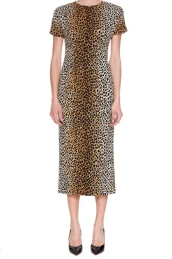 ( New Season ) Dolce & Gabbana Leopard Printed Crewneck Midi Dress - Multi
