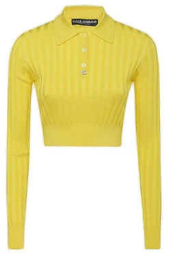 ( New Season ) Dolce & Gabbana DG Logo Ribbed Polo Shirt - Yellow