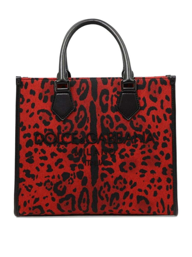 ( New Season ) Dolce & Gabbana Logo Embroidered Animal-Print Medium Tote Bag - Red 1 ( New Season ) Dolce & Gabbana Logo Embroidered Animal-Print Medium Tote Bag - Red