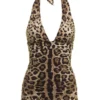 ( New Season ) Dolce & Gabbana Leopard Printed V-Neck Swimsuit - Multi