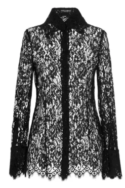 ( New Season ) Dolce & Gabbana Buttoned Long-Sleeved Lace Shirt - Black