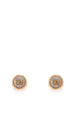 ( New Season ) Dolce & Gabbana Logo Plaque Round Cufflinks - Gold