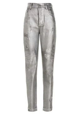 Dolce & Gabbana High-Waisted Distressed Metallic Jeans - Silver