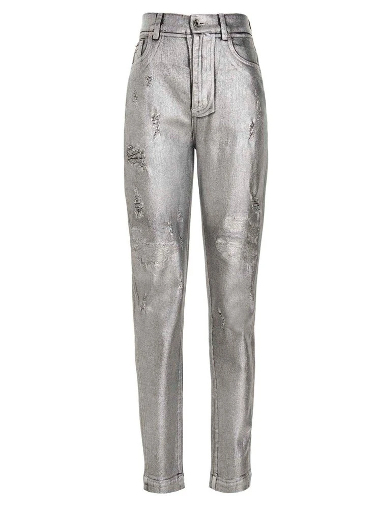 Dolce & Gabbana High-Waisted Distressed Metallic Jeans - Silver 1 Dolce & Gabbana High-Waisted Distressed Metallic Jeans - Silver