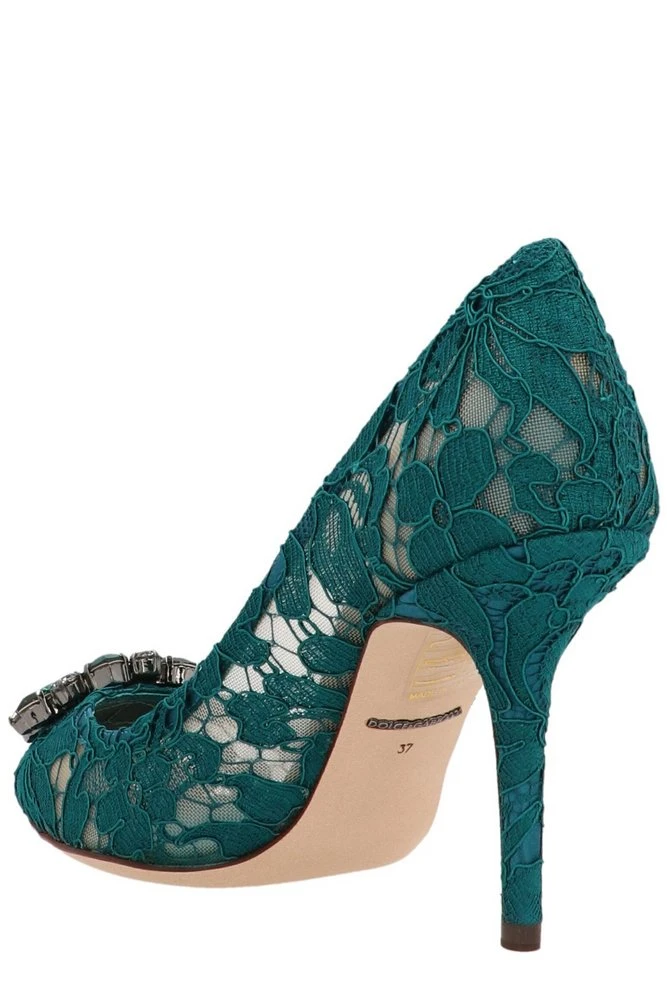 ( New Season ) Dolce & Gabbana Embellished Pointed Toe Lace Pumps - Green 2 ( New Season ) Dolce & Gabbana Embellished Pointed Toe Lace Pumps - Green - Image 2